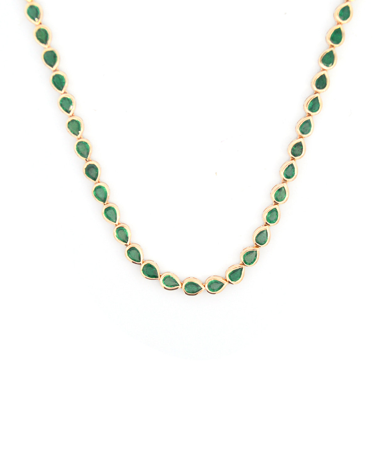 11.17ct Emerald 18K Gold Pear Cut Bezel Tennis Necklace