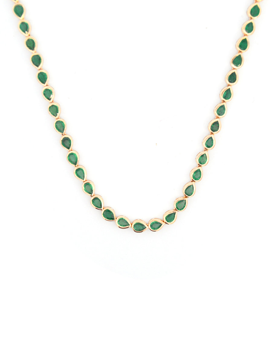 11.17ct Emerald 18K Gold Pear Cut Bezel Tennis Necklace