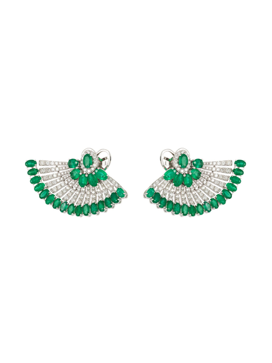 15.44cts Diamond Emerald 18K Gold Fanned Earrings