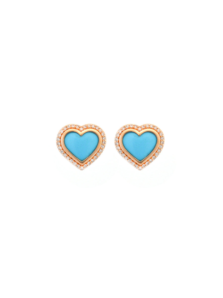 3.71ct Diamond Turquoise 14K Gold Heart Stud Earrings