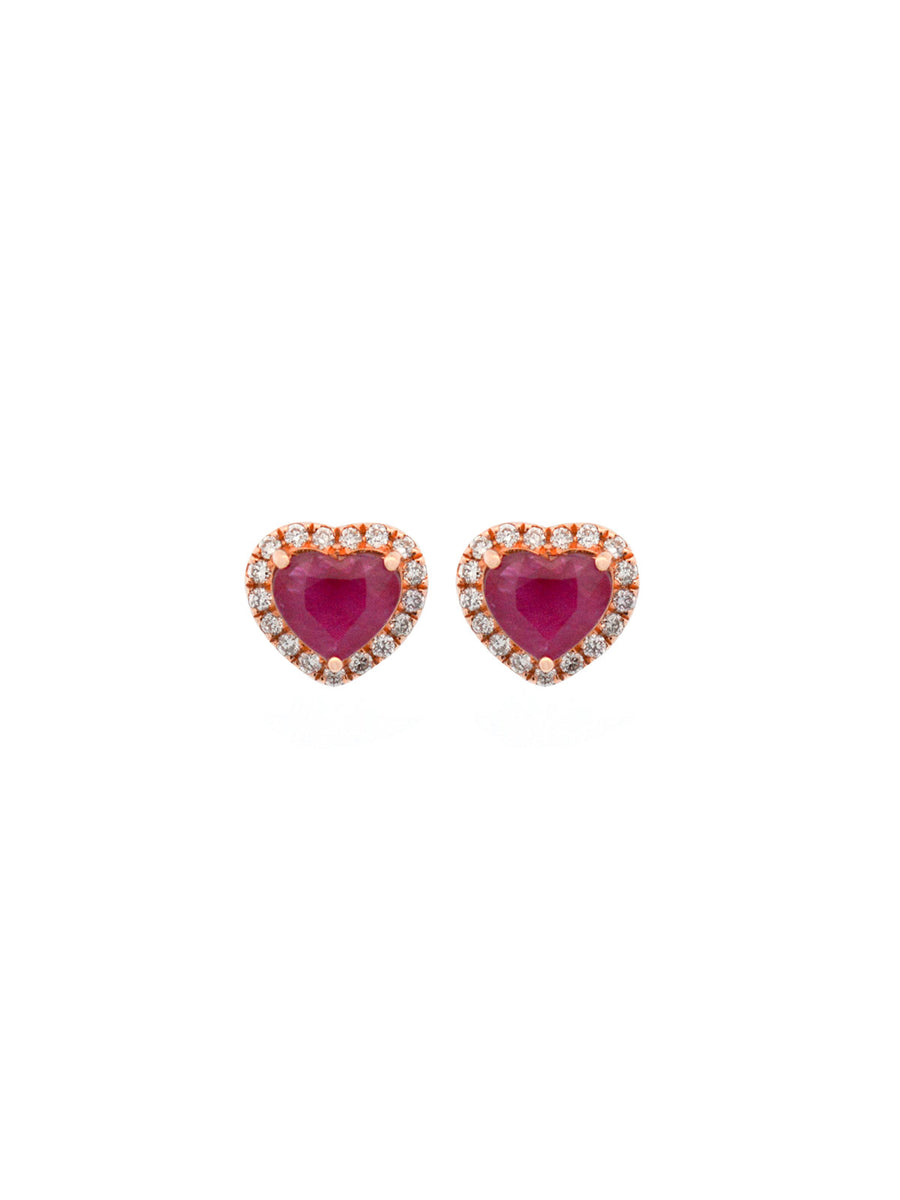 1.22ct Diamond Ruby 18K Gold Halo Heart Stud Earrings