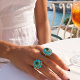 29.2ct Diamond Emerald Turquoise 18K Gold Cocktail Ring