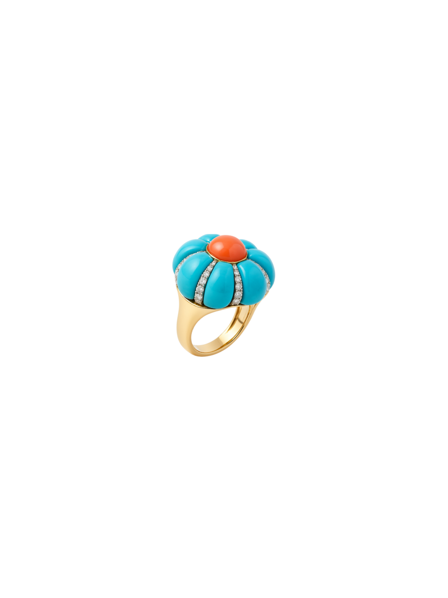 19.71ct Diamond Turquoise Coral 18K Gold Flower Ring