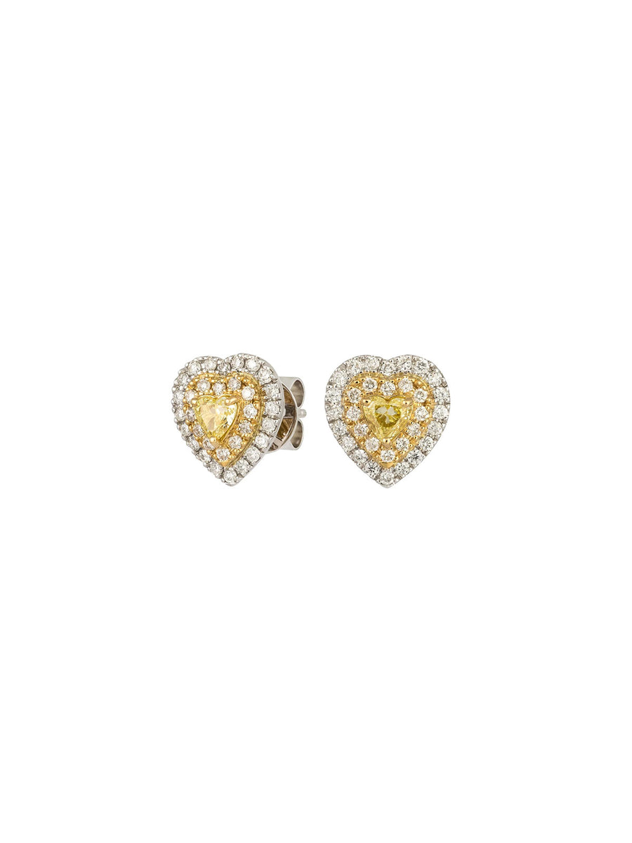 1.00cts White & Yellow Diamond 18K Gold Heart Halo Stud Earrings