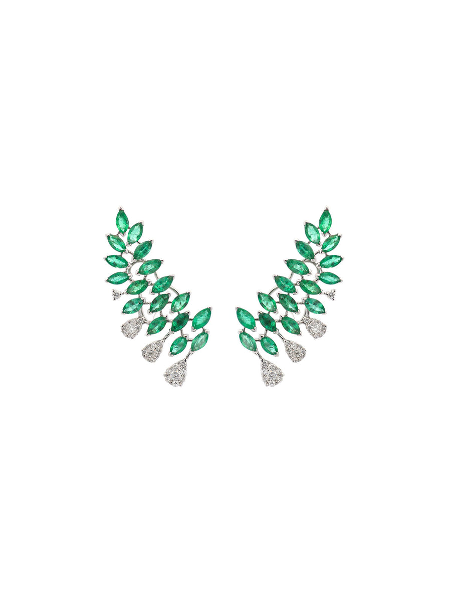 4.56cts Emerald & Diamond 18K Gold Ear Climber Earrings