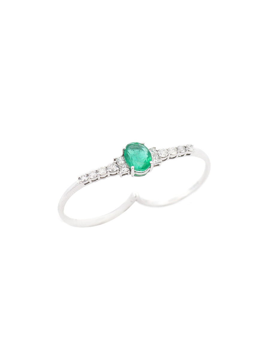 1.80ct Diamond Emerald 18K Gold Two Finger Ring