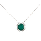 3.8ct Diamond Emerald 18K Gold Halo Pendant Chain Necklace