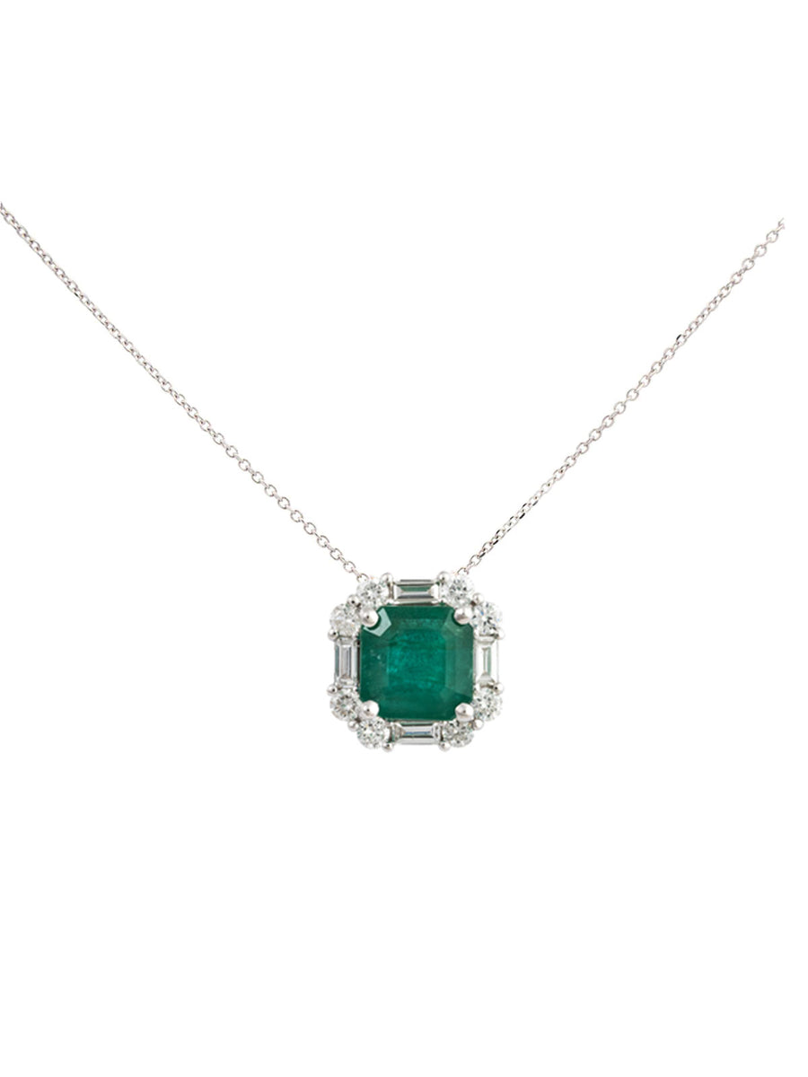 3.8ct Diamond Emerald 18K Gold Halo Pendant Chain Necklace