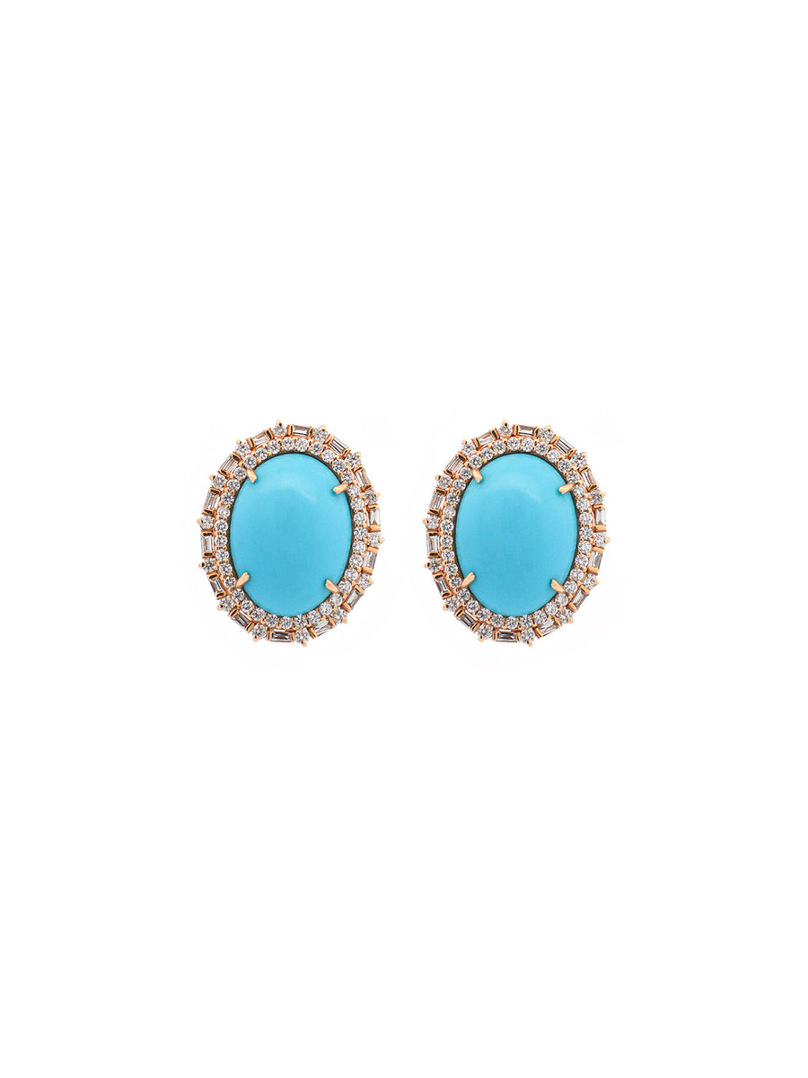 16.13cts Diamond Turquoise 14K Gold Halo Stud Earrings