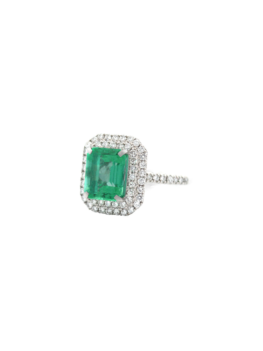 2.93ct Diamond Colombian Emerald Platinum Halo Ring