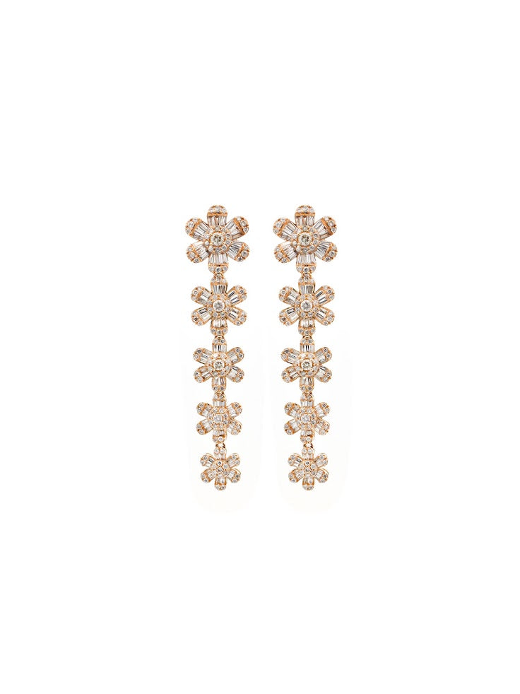 3.00ct Diamond 14K Gold Linear Flower Cascade Earrings