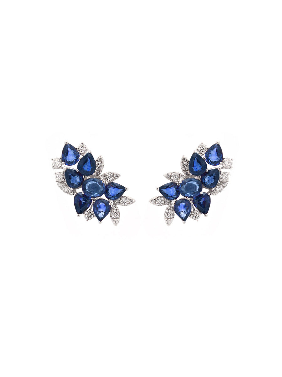 10.9ct Blue Sapphire Diamond 18K Gold Cluster Climber Earrings
