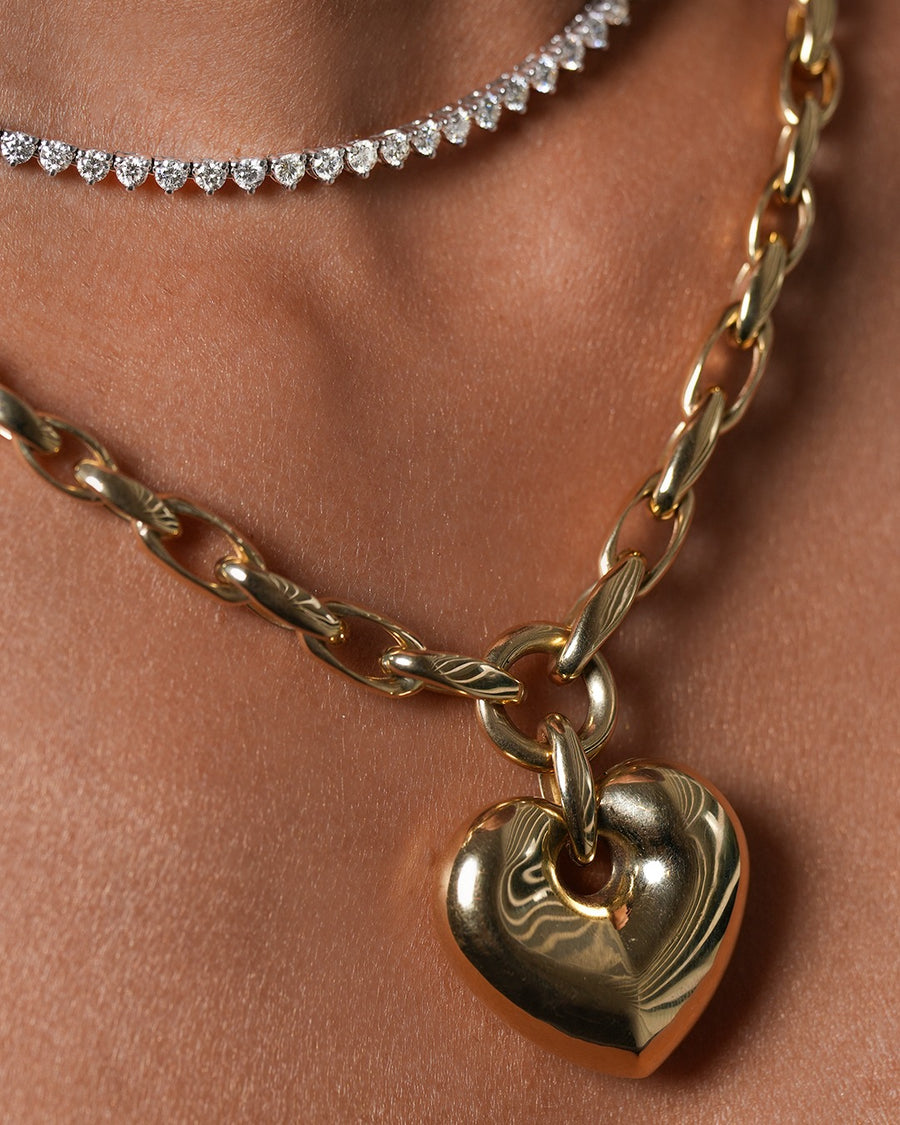 14K Gold Large Heart Pendant Chain Link Necklace