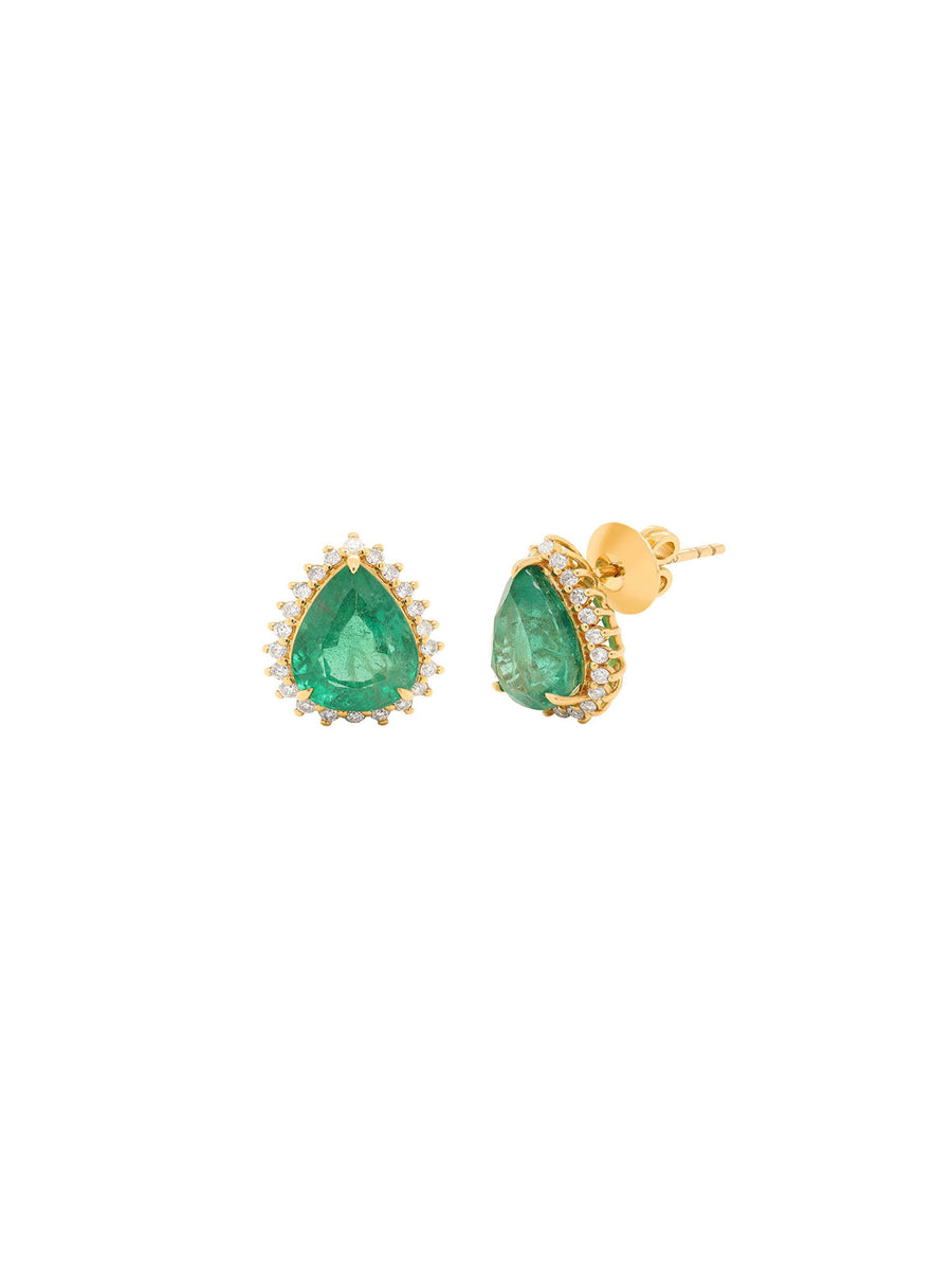 5.91ct Emerald Diamond 18K Gold Pear Halo Earrings