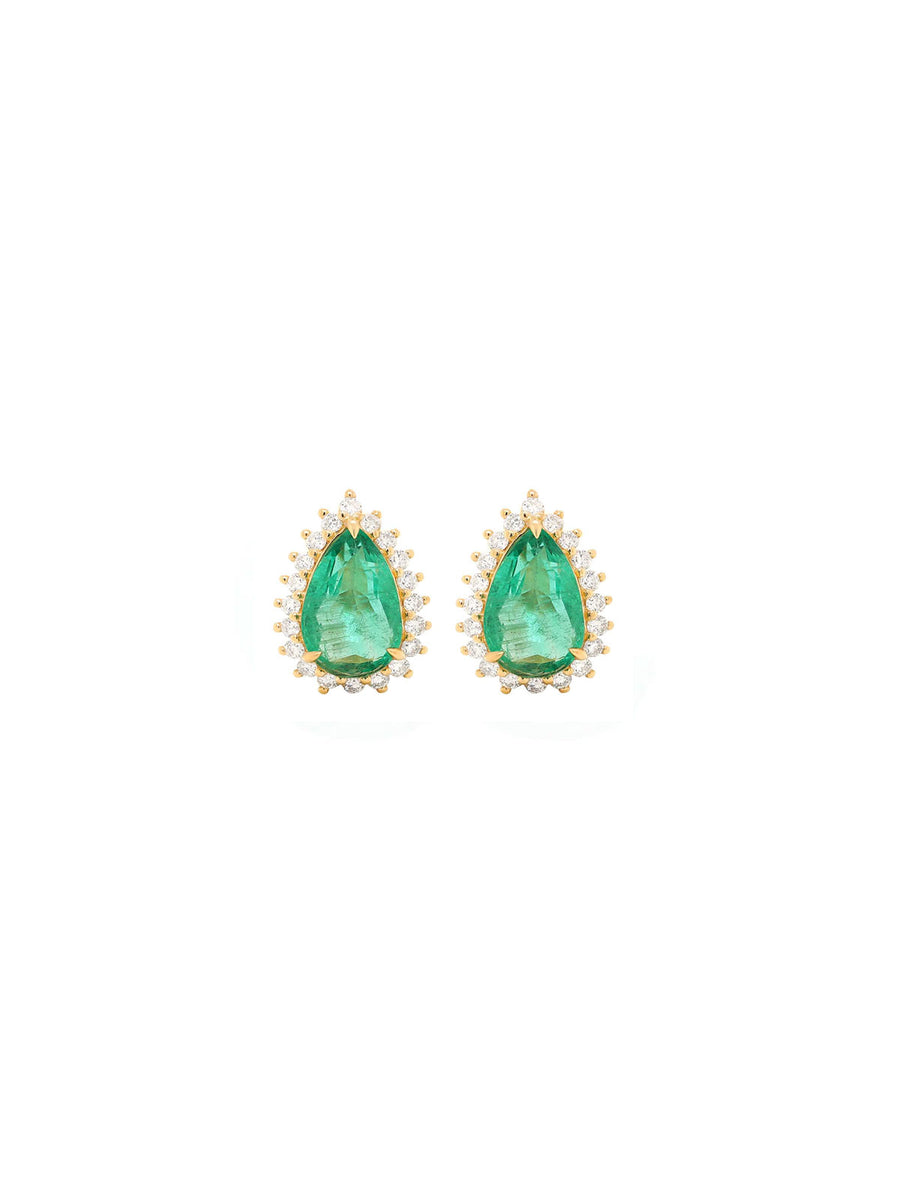 3.26ct Emerald Diamond 18K Gold Pear Halo Earrings