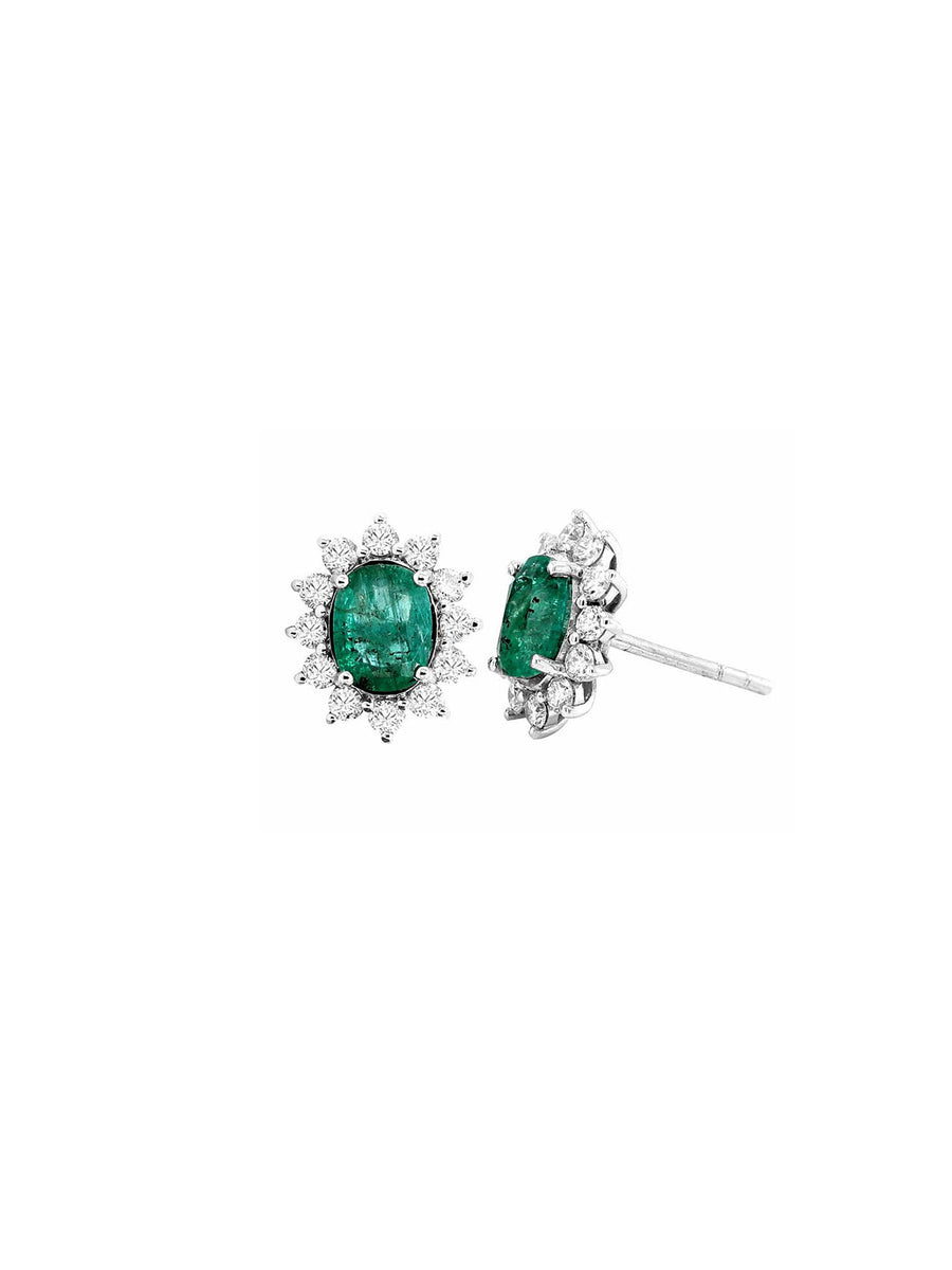 2.18ct Diamond Emerald 18K Gold Sunburst Earrings