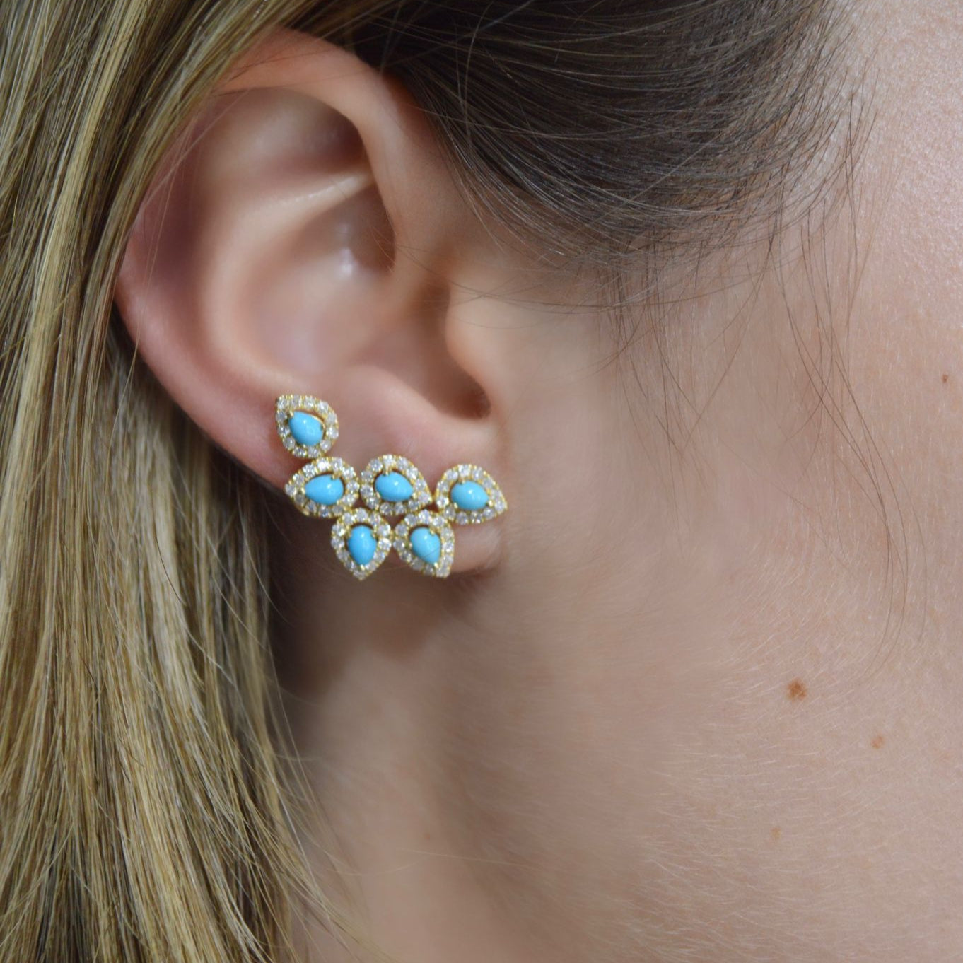 1.06ct Turquoise Diamond 18K Gold Cluster Climber Earrings