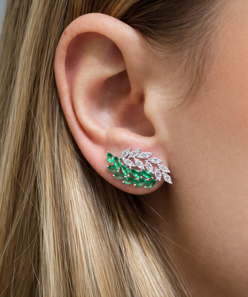 1.84cts Diamond Emerald 18K Gold Leaf Climber Earrings