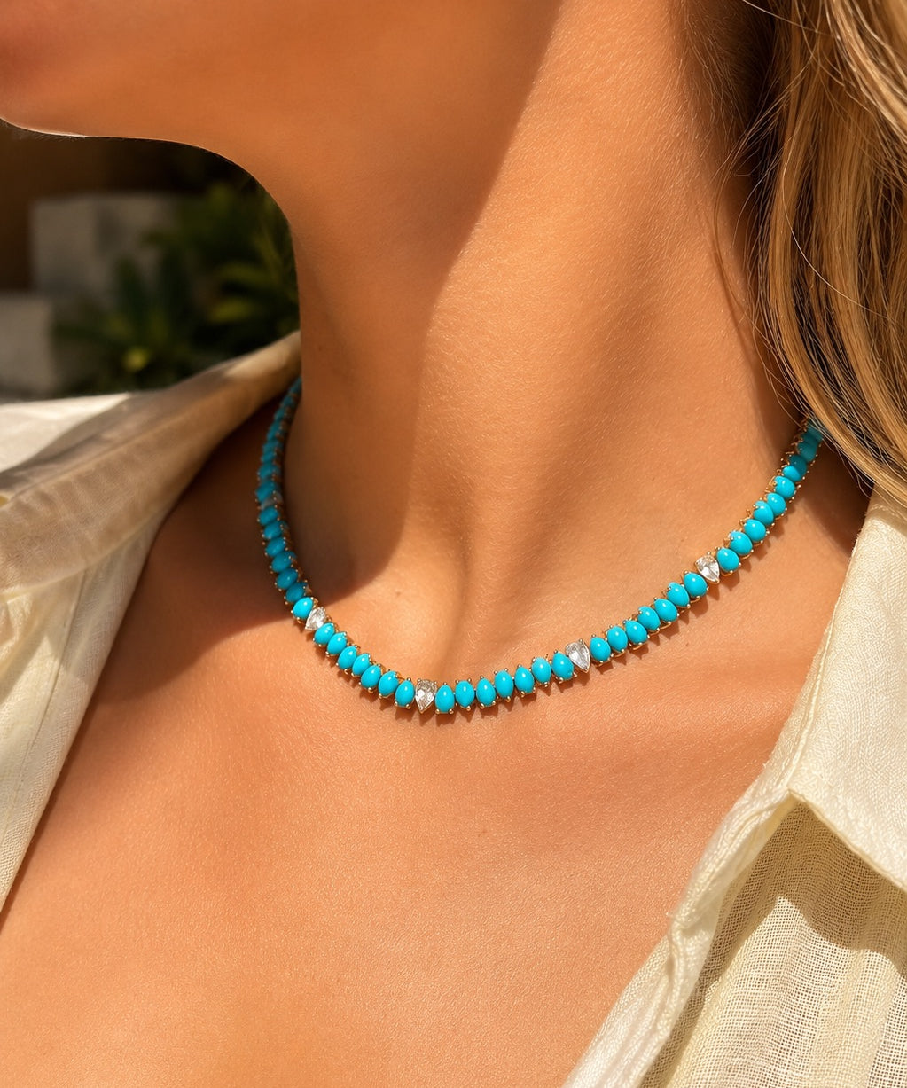 42.70ct White Sapphire Turquoise 18K Gold Pear Cut Tennis Necklace