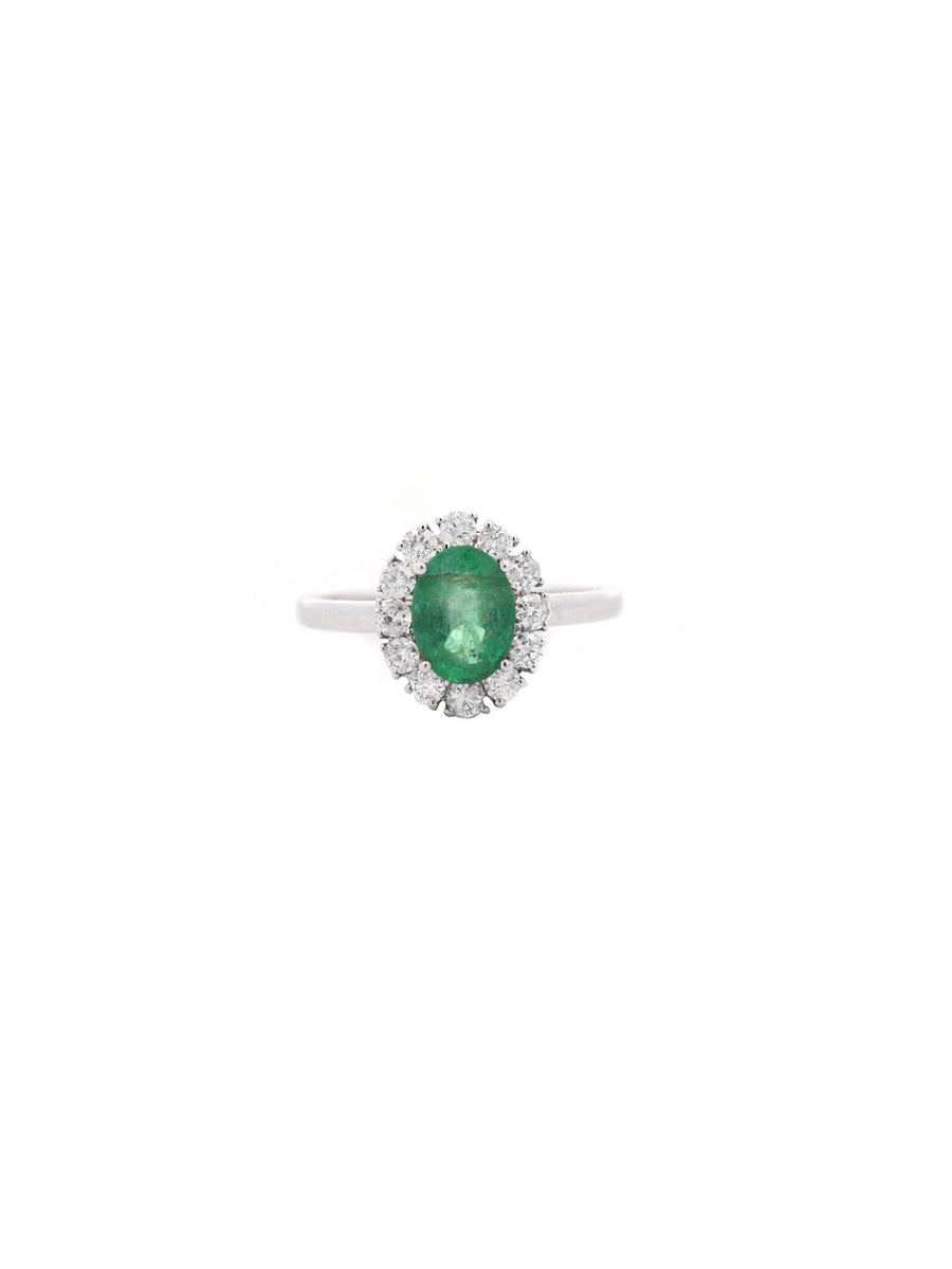 1.45ct Oval Emerald Diamond 18K Gold Cluster Ring