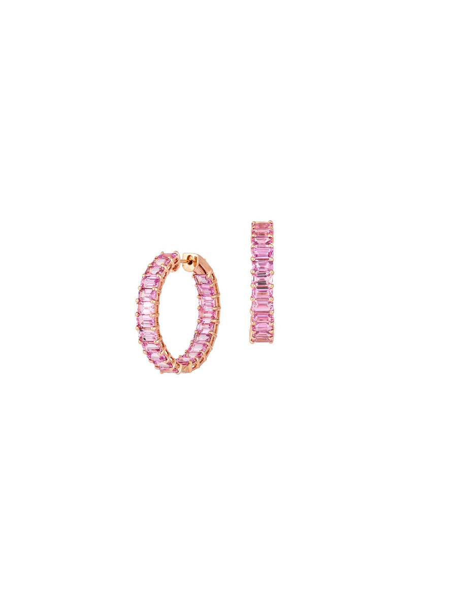 14.14cts Pink Sapphire 18K Gold Emerald Cut Hoop Earrings