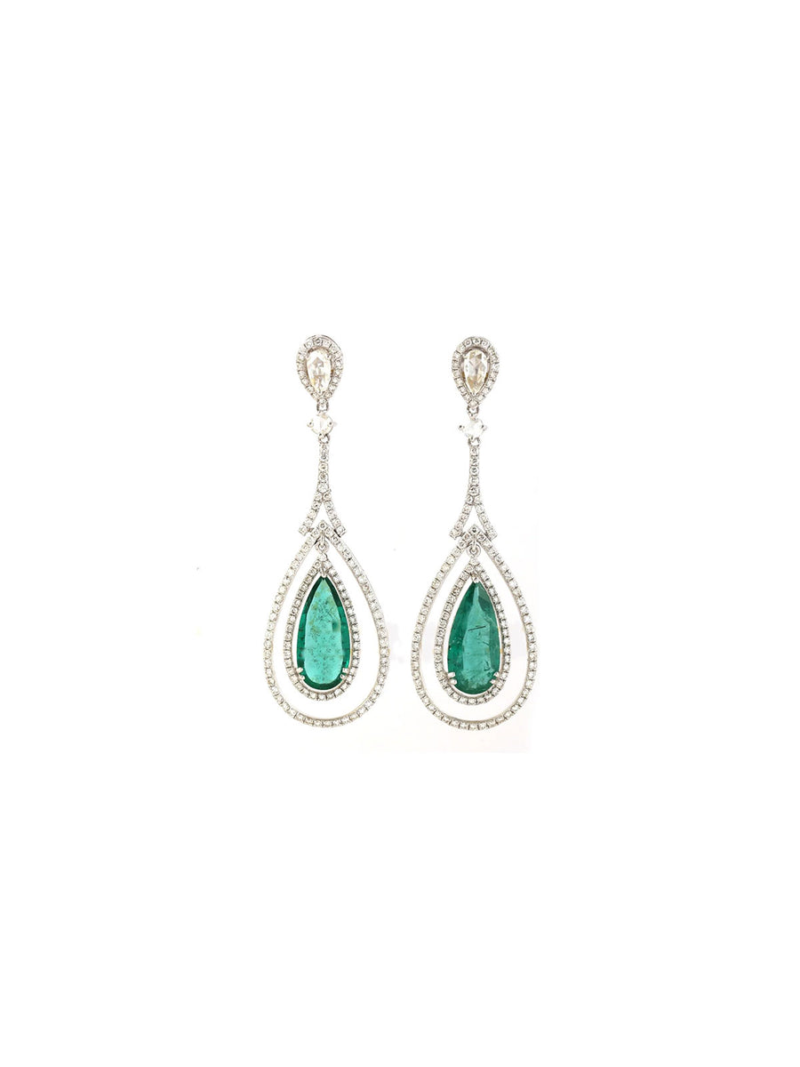 8.88cts Diamond Emerald 18K Gold Dangle Drop Earrings