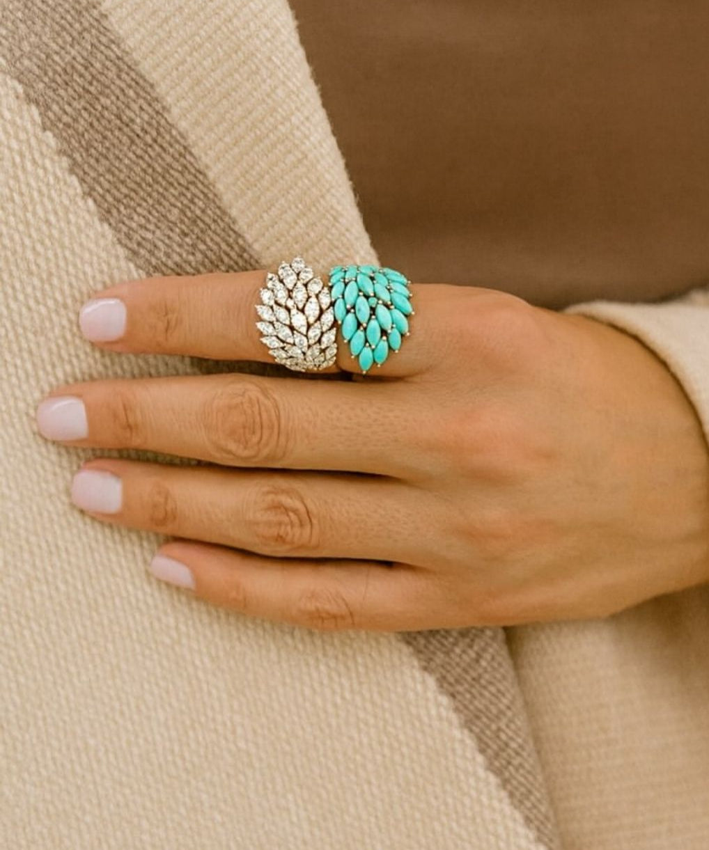 7.00ct Diamond Turquoise 18K Gold Cluster Leaf Bypass Ring