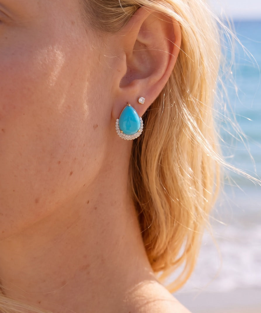14.81ct Diamond Turquoise 18K Gold Pear Stud Earrings
