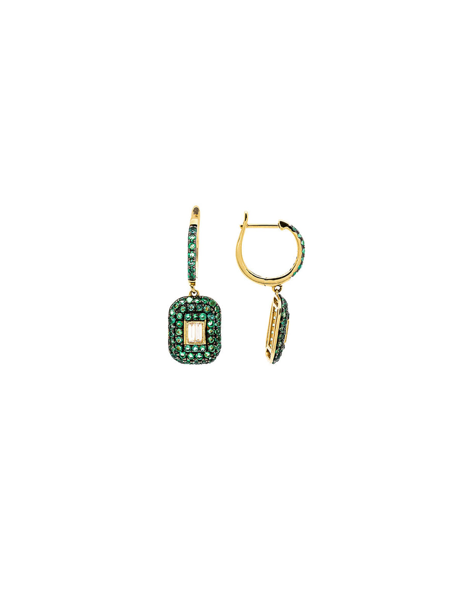 1.45cts Diamond Emerald 18K Gold Pave Round Baguette Drop Earrings