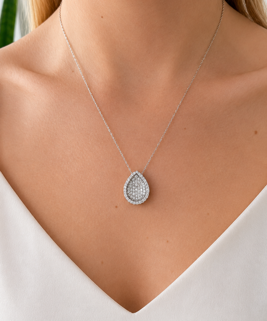 1.35ct Diamond 18K Gold Pave Pear Pendant Necklace