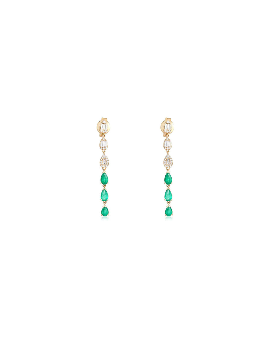 1.48cts Diamond Emerald 14K Gold Long Thread Cluster Drop Earrings