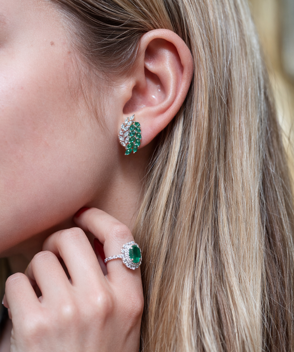 1.84cts Diamond Emerald 18K Gold Leaf Climber Earrings