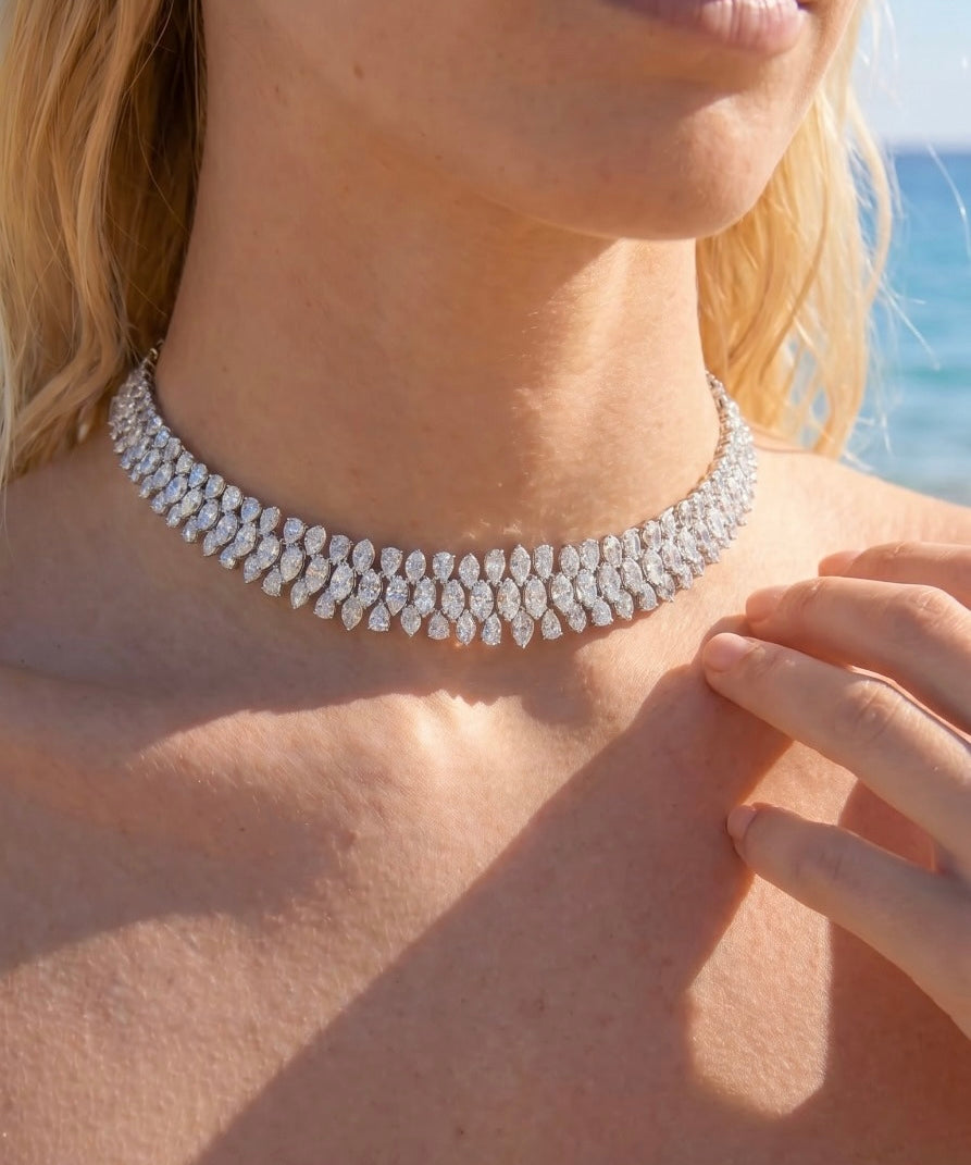 18.18ct Diamond 18K Gold Statement Three Row Choker Tennis Necklace