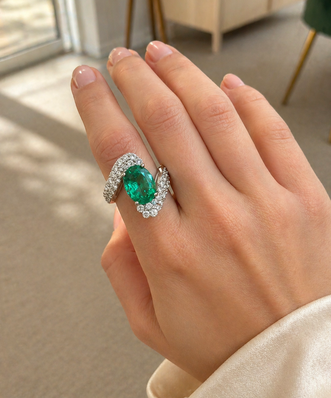 5.12ct Emerald Diamond 18K Gold Bypass Cocktail Ring