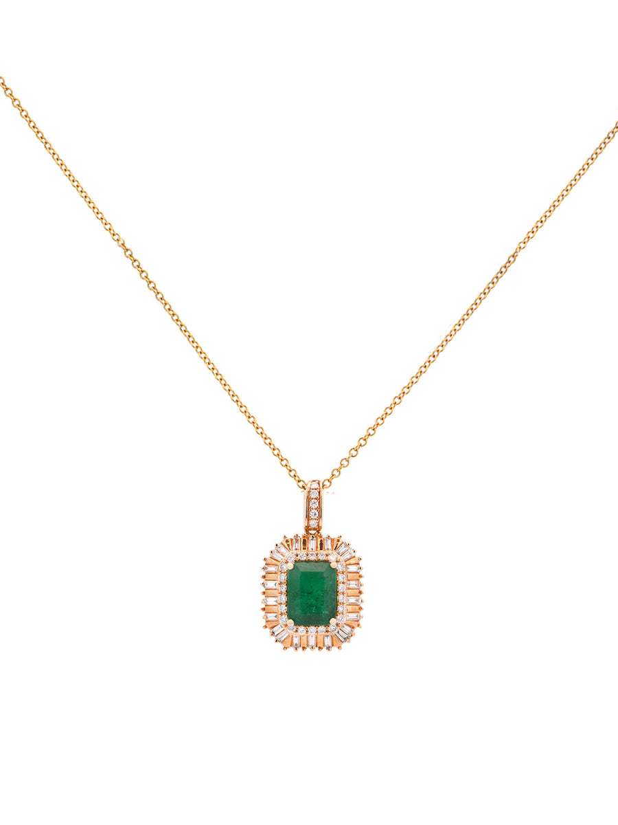 1.82ct Diamond Emerald 14K Gold Halo Pendant Chain Necklace