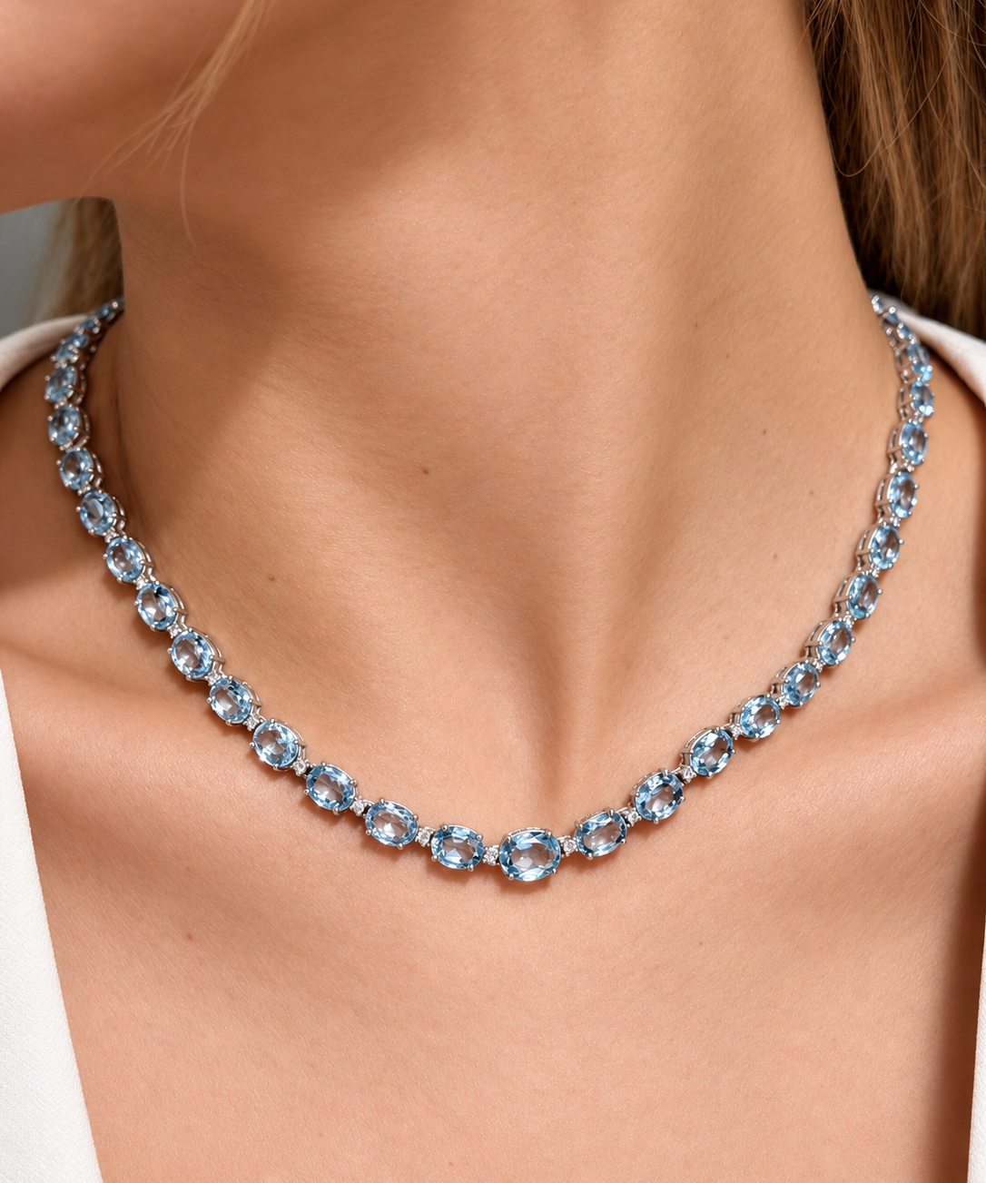 32.57ct Diamond Aquamarine 18K Gold Tennis Necklace