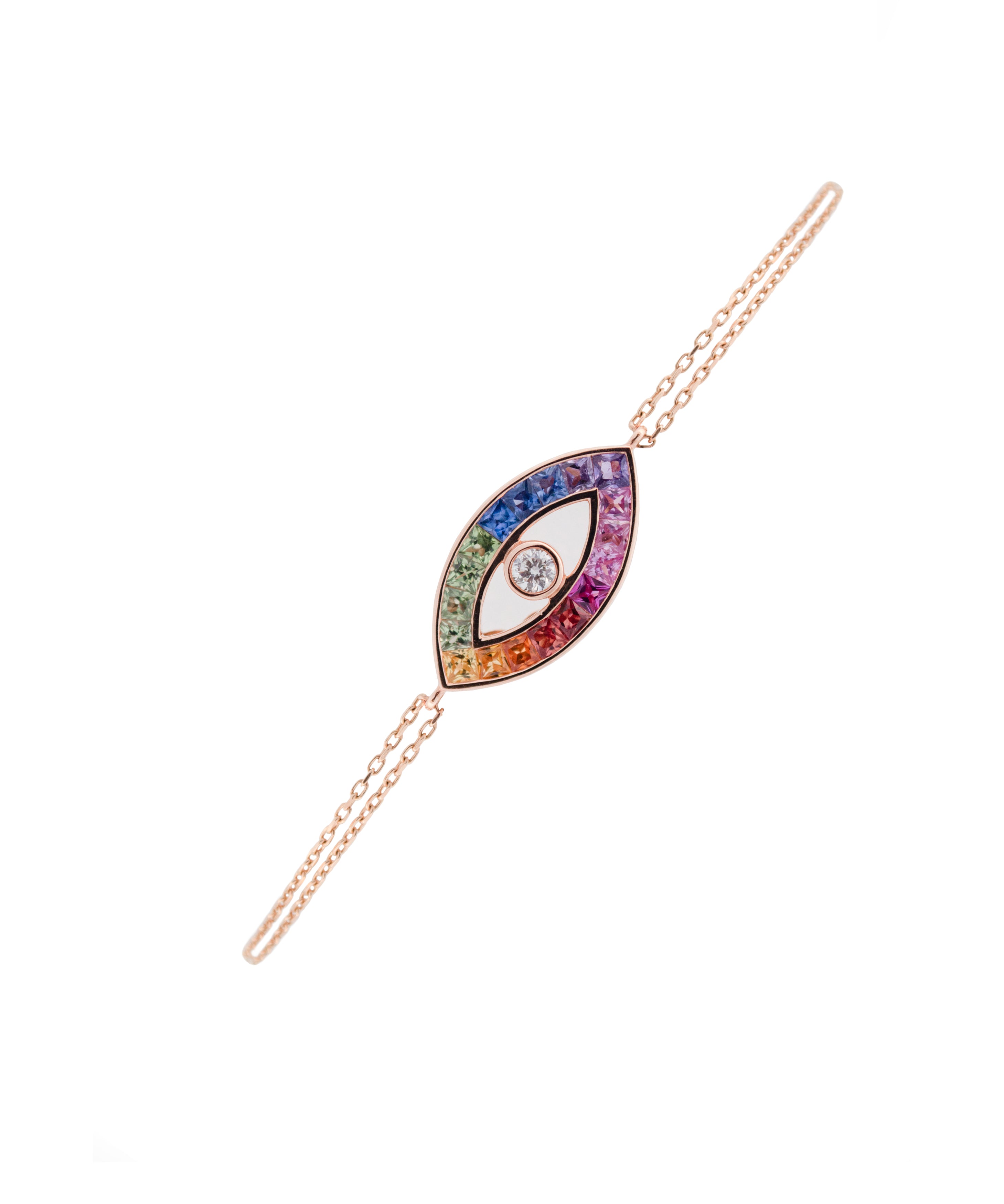 1.68ct Diamond Multi Color Sapphire 18K Gold Evil Eye Chain Bracelet