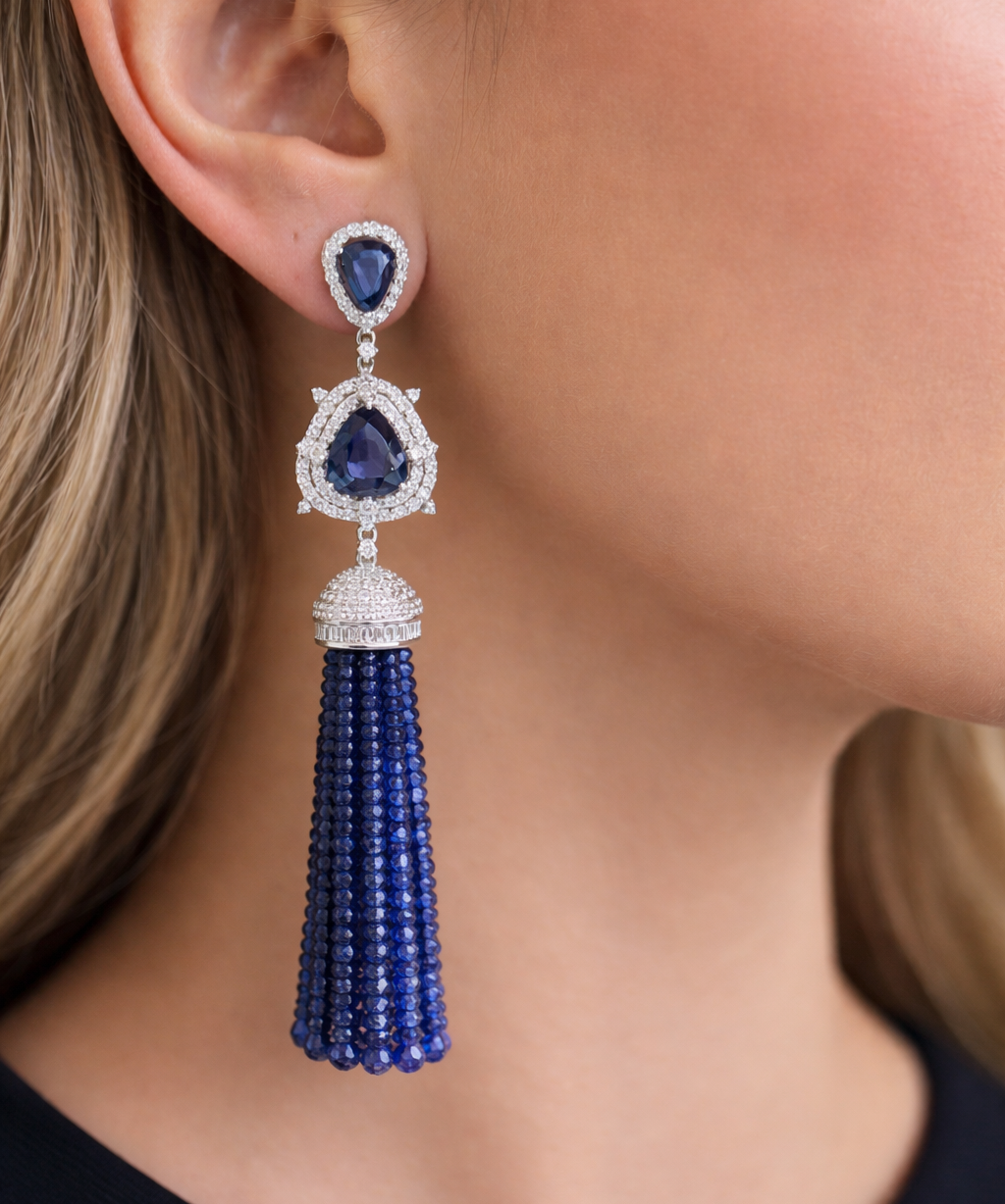 132.72ct Blue Sapphire Diamond 14K Gold Tassel Earrings