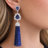132.72ct Blue Sapphire Diamond 14K Gold Tassel Earrings