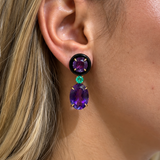 37.37ct Emerald Amethyst Onyx 18K Gold Drop Earrings