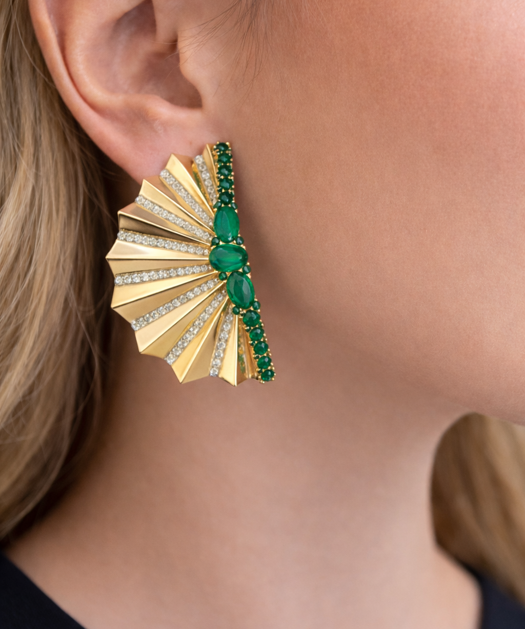 6.93ct Diamond Emerald 18K Gold Fanned Statement Earrings