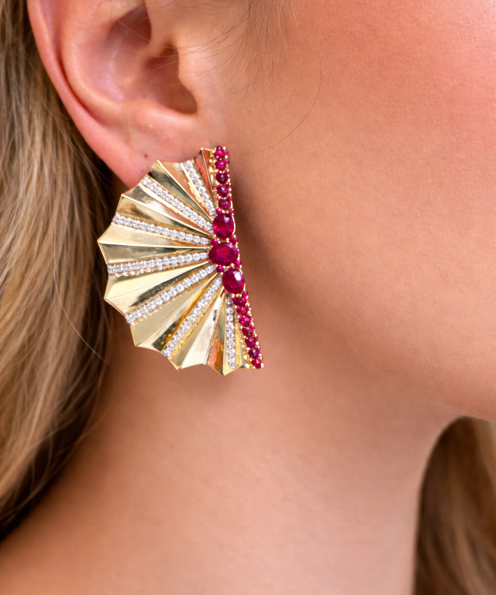6.58ct Diamond Ruby 14K Gold Fanned Statement Earrings