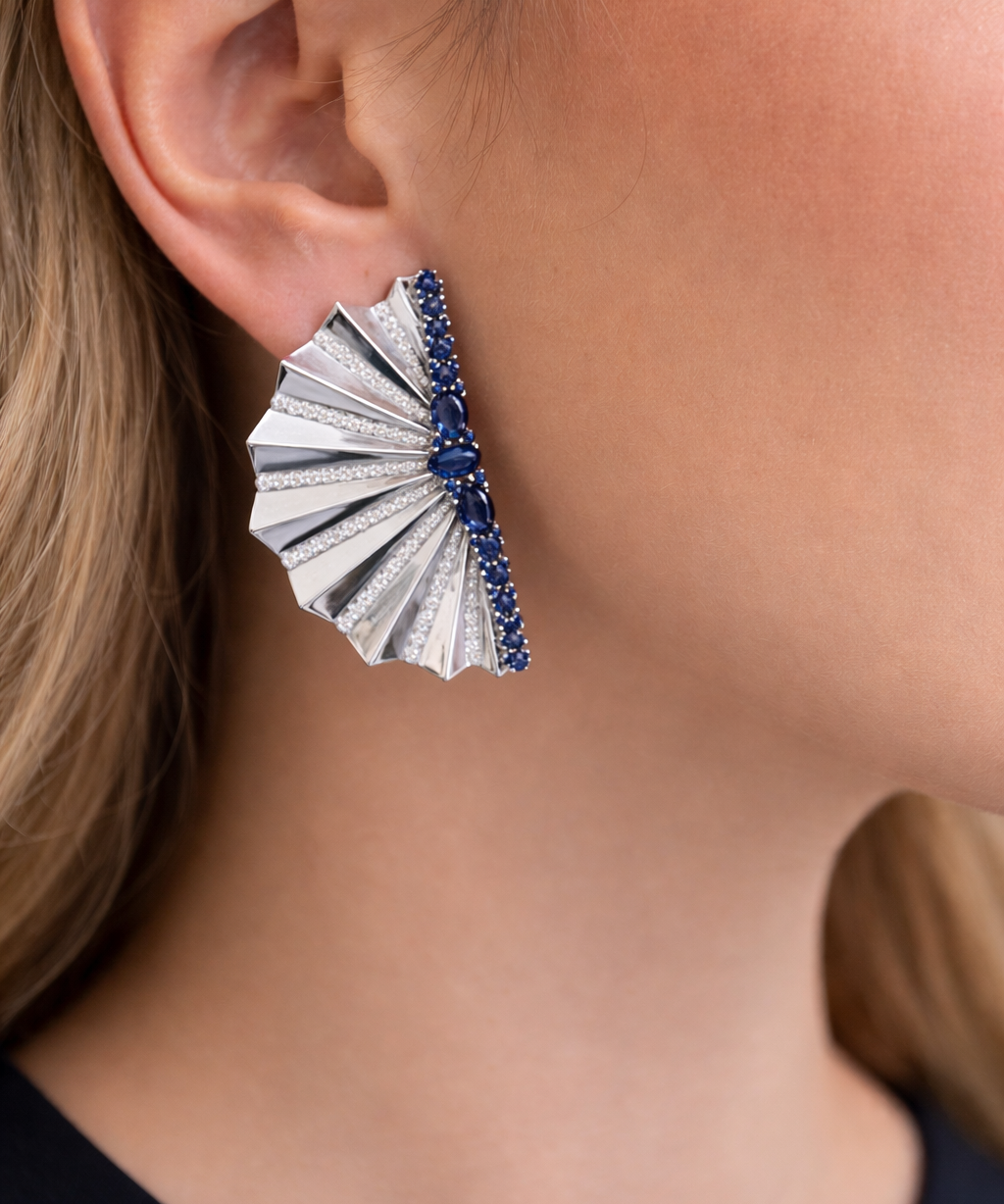 6.58ct Diamond Sapphire 14K Gold Fanned Statement Earrings
