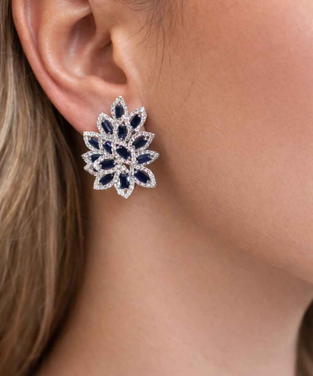 5.84ct Diamond Sapphire 14K Gold Leaf Cluster Earrings