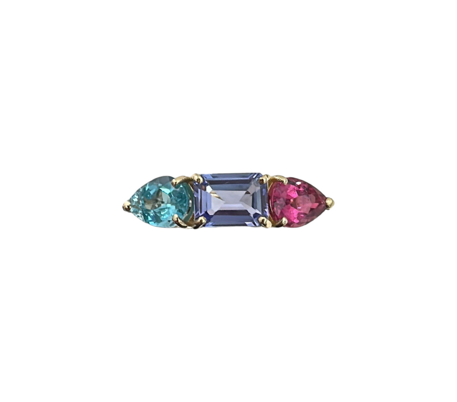 Apatite Tanzanite Rubellite 18K Gold Three Stones Earcuff