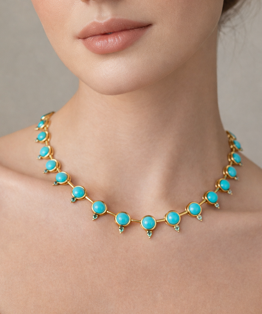 23.013ct Turquoise Emerald 18K Gold Link Necklace