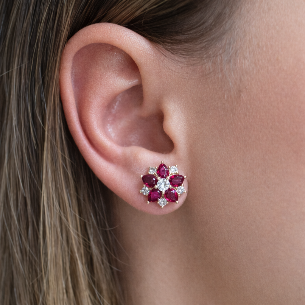 2.78ct Diamond Ruby 18K Gold Flower Earrings