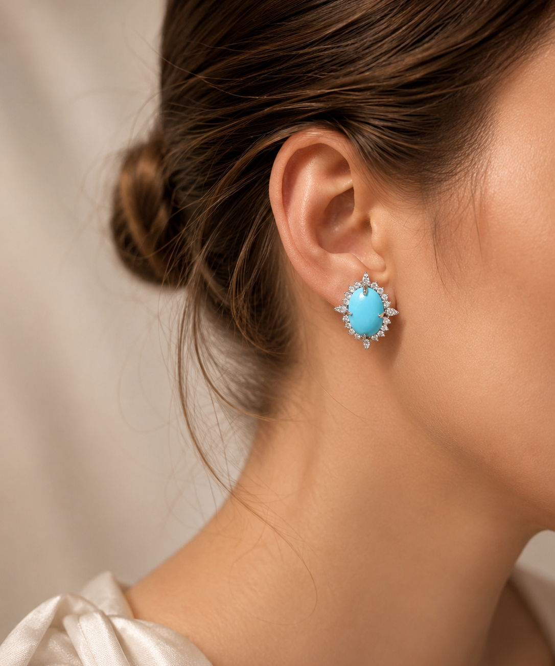 10ct Diamond Turquoise 14K Gold Halo Stud Earrings