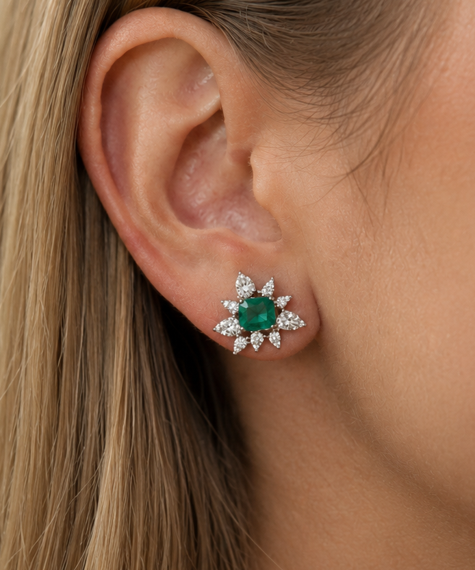 2.46ct Diamond Emerald 18K Gold Cluster Earrings