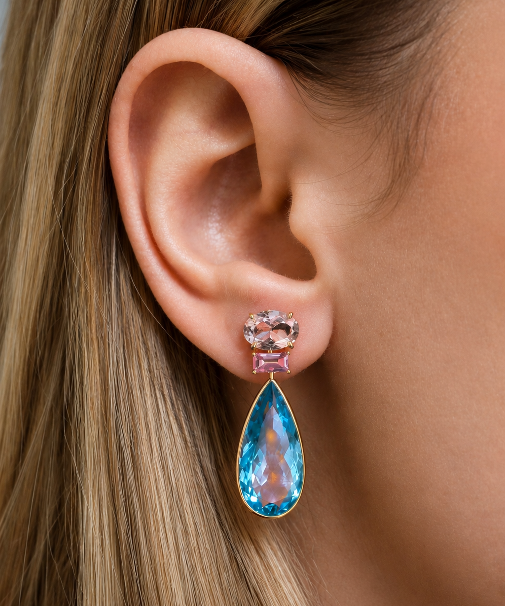 37.88ct Topaz Sapphire Morganite 18K Gold Pear Drop Earrings